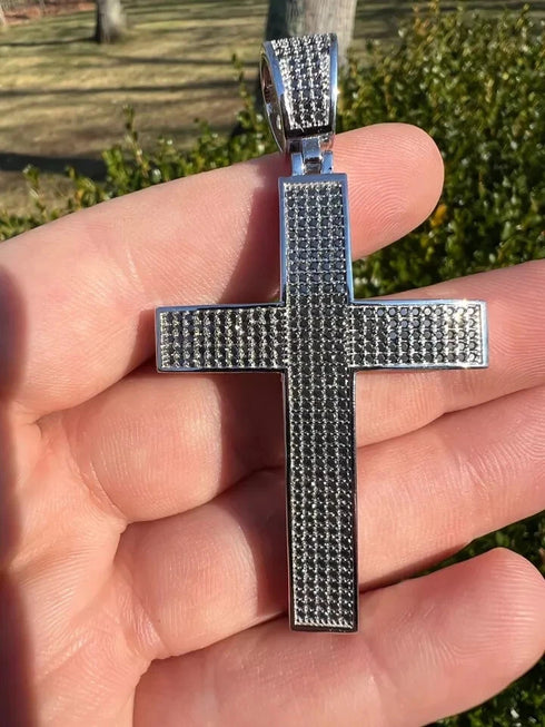 Rhodium Plated Iced Out Black CZ Cuban Chain Cross Pendant & Necklace