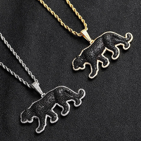 Iced Out 14K Gold Plated Cubic Zirconia Black Jaguar Panther Pendant Necklace
