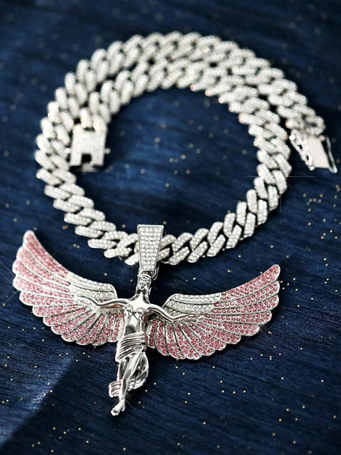 3Pc Iced Out 14KWhite Gold Plated CZ Angel Cuban Chain Pendant Necklace & Bracelet