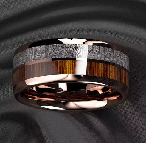 Men 8mm Tungsten Rose Gold Plated Silver Koa Wood Inlay Engagement Wedding Band