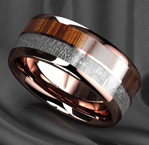 Men 8mm Tungsten Rose Gold Plated Silver &Koa Wood Inlay Engagement Wedding Band