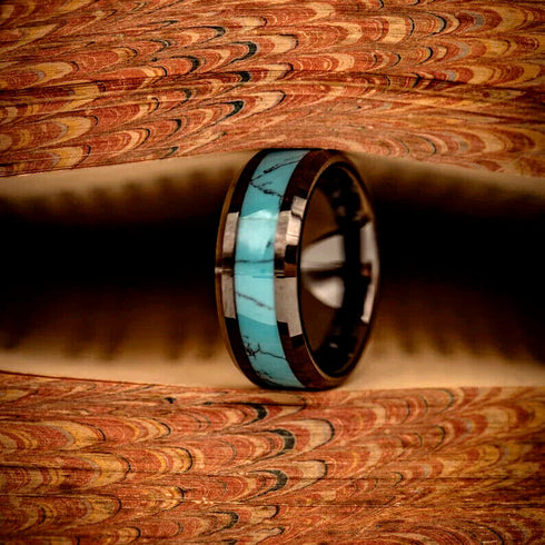 Men 8mm Tungsten Black Turquoise Beveled-Edge Comfort-Fit Polished Wedding Band
