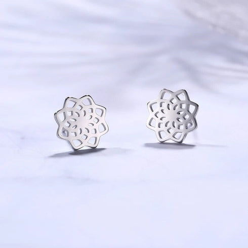 2 Pairs Titanium Steel Black Silver Lotus Mandala Flower Men Women Stud Earrings