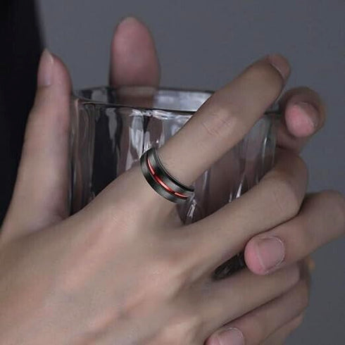 Men's 8mm Tungsten Brushed Black W/Red Grooved Center Comfort Fit Wedding Band
