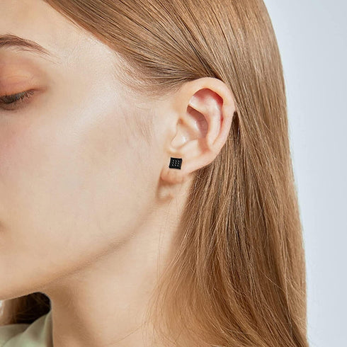 Black Square Titanium Steel Iced Out Cubic Zirconia Stud Earrings For Men Women