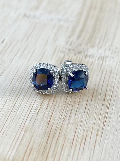14K White Gold Plated Cushion Cut Square Blue Cubic Zirconia Men Women Earrings