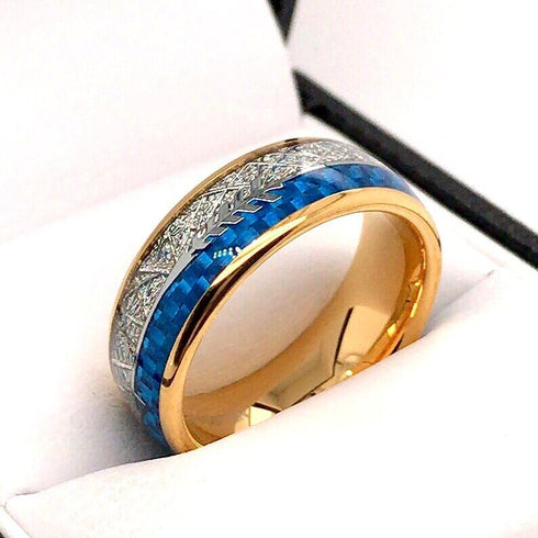 Men's 8mm Tungsten Cupid's Arrow Meteorite Inspired & Blue Lasurite Inlay Band