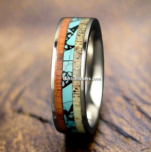 Men's 8mm Titanium Deer Antler Crushed Turquoise Comfort-Fit Wedding Band