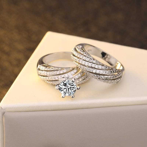 2 Pcs Double Layer 14K White Gold Plated Cubic Zirconia Women's Engagement Ring