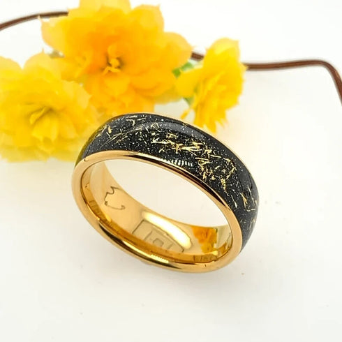 Men's 8mm Titanium Yellow Gold Leaf & Black Sandstone Comfort-Fit Wedding Band