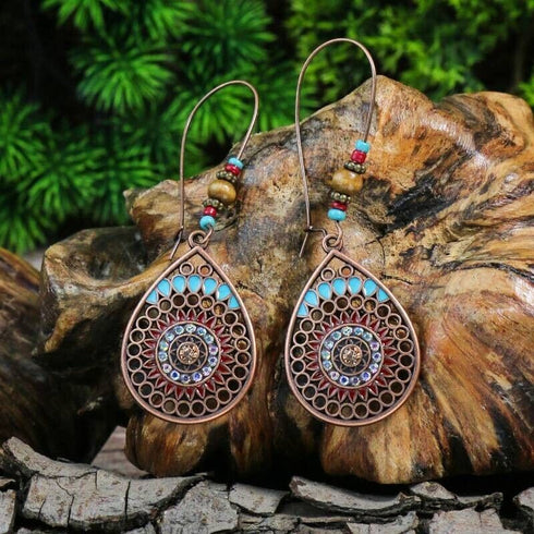 4 Pairs Earrings Retro Ethnic Style Multi-Colored Drop Shaped With Rhinestone
