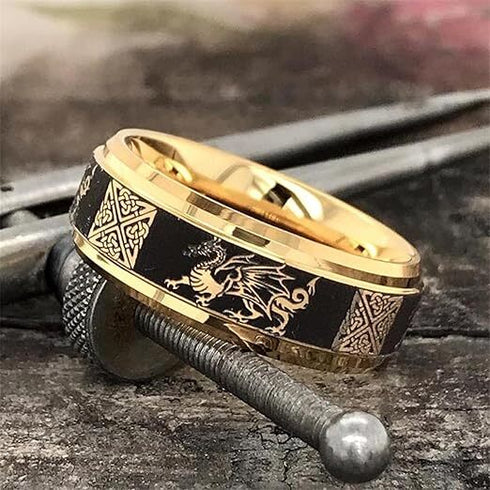 Men 8mm Tungsten Gold Black Dragon Celtic Knot Engraved Engagement Wedding Band
