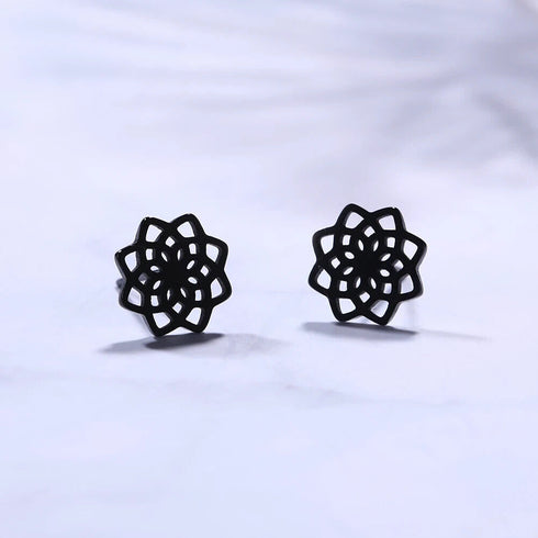 2 Pairs Titanium Steel Black Silver Lotus Mandala Flower Men Women Stud Earrings