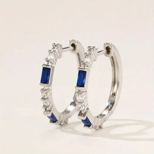 14K White Gold Plated Unique Blue Baguette Cubic Zirconia Men Women Hoop Earring