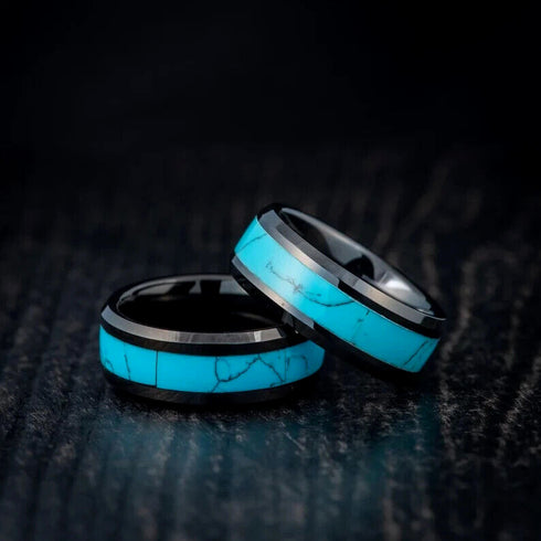 Men 8mm Tungsten Black Turquoise Beveled-Edge Comfort-Fit Polished Wedding Band