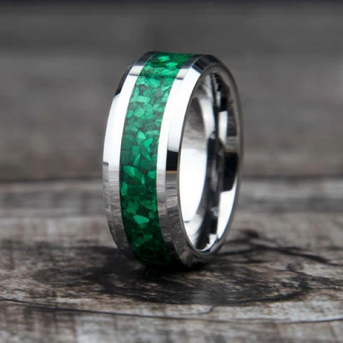 Beveled Edges Crushed Malachite Stone Inlay 8mm Tungsten Wedding Band