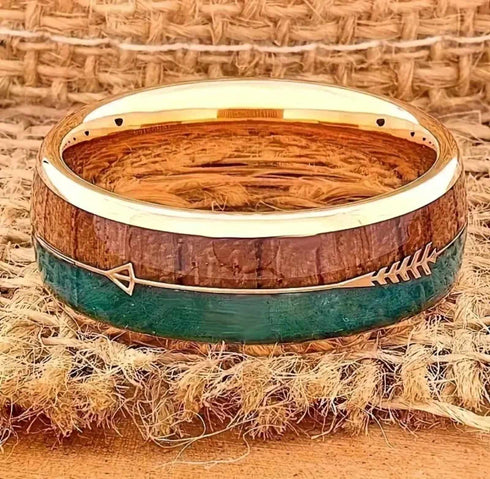 Men's 8mm Tungsten Cupid Arrow Green Malachite & Koa Wood Inlay Wedding Band