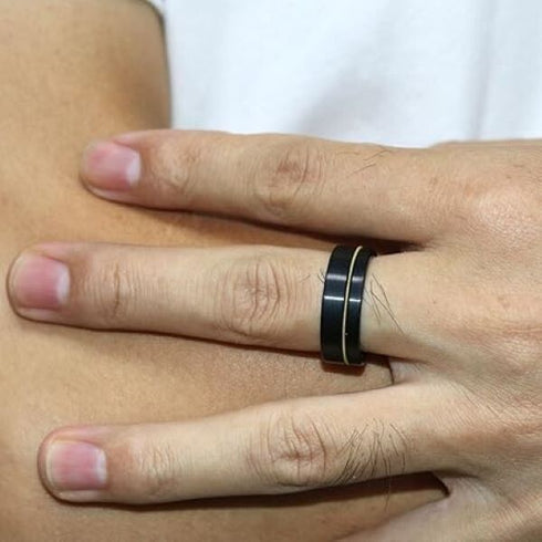 Men 8mm Black Brushed Tungsten Light Gold Guitar String Comfort-Fit Wedding Band