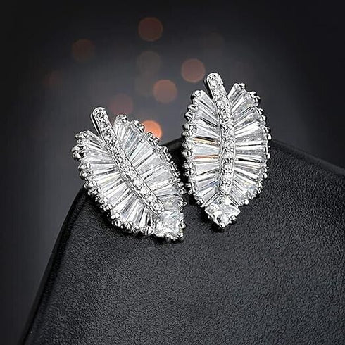 Dazzling Palm Leaf 14K White Gold Plated AAA Cubic Zirconia Women Stud Earrings