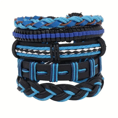 5 Pcs Men's PU Leather Hand Woven Multi-Layer Braided Blue Wristband Bracelets