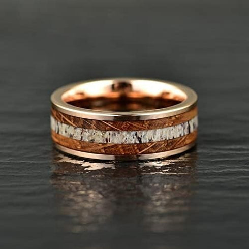 Men's 8mm Tungsten Deer Antler Whiskey Barrel Wood Inlay Engagement Wedding Band