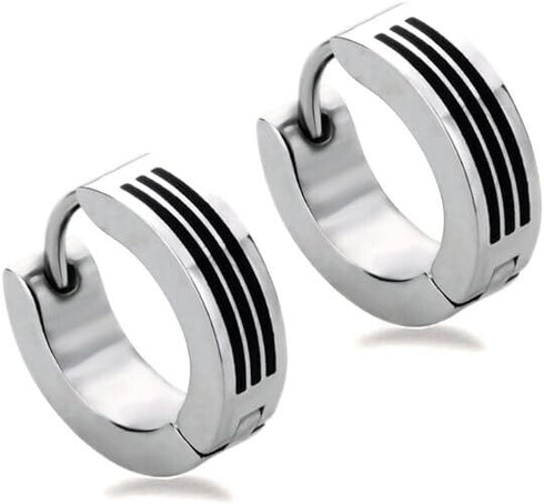 316L Surgical Steel Classic 3 Black Striped Enamel Men & Women Hoop Earrings