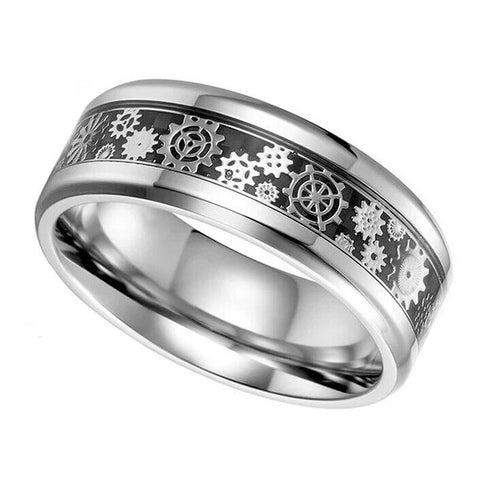 Beveled Edge Mechanical Steampunk Gear Comfort-Fit 8mm Tungsten Wedding Ring