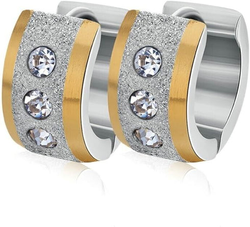 2Tone Titanium Frosted Wide Gold Silver CZ Hypoallergenic Men Women Hoop Earring