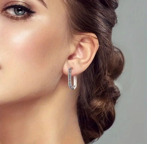 Micro Pave Multicolor Sterling Silver U-Shape Cubic Zirconia Women Hoop Earrings