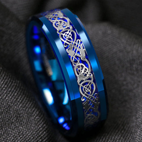 Men 8mm Beveled Edge Comfort-Fit Blue Silver Celtic Dragon Tungsten Wedding Band