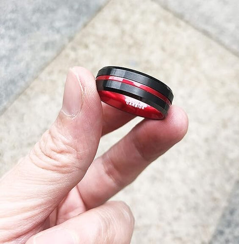 Men's 8mm Tungsten Brushed Black W/Red Grooved Center Comfort Fit Wedding Band