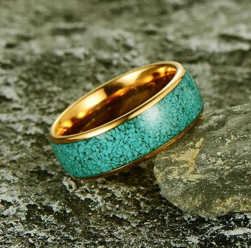 Men 8mm Tungsten Turquoise Domed Polished Carbon Fiber Comfort-Fit Wedding Band