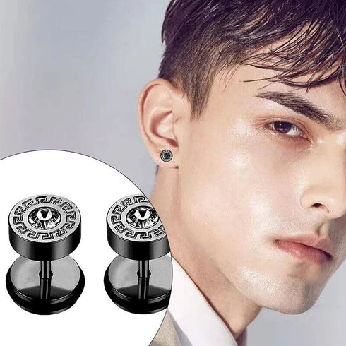 316L Surgical Steel Round Greek Pattern CZ Barbell Men & Women Stud Earrings