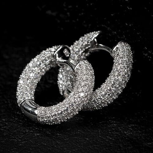 Fully Iced 18K White Gold Plated 3Row Honey Comb Zirconia Men Women Hoop Earring