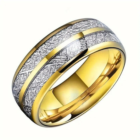 Men's 8mm Tungsten Yellow Gold Double Line Meteorite Inspired Domed Band