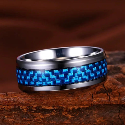 Men 8mm Tungsten Beveled-Edges Blue Carbon Fiber Inlay Comfort-Fit Wedding Band