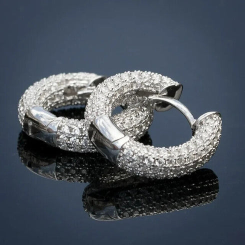 Fully Iced 18K White Gold Plated 3Row Honey Comb Zirconia Men Women Hoop Earring