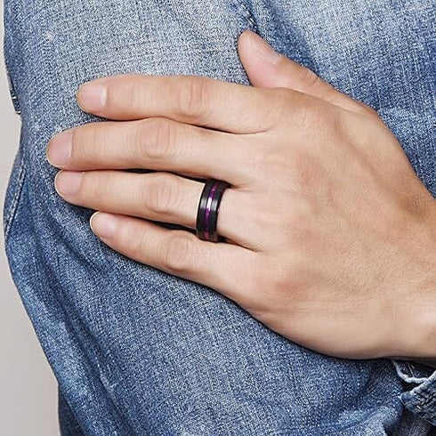 Men 8mm Tungsten Brushed Black Purple Grooved Center Beveled Edges Wedding Band