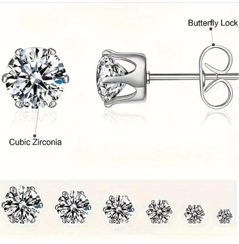 6Pair Surgical Steel Cubic Zircon 3/4/5/6/7/8mm Solitaire Men Women Stud Earring