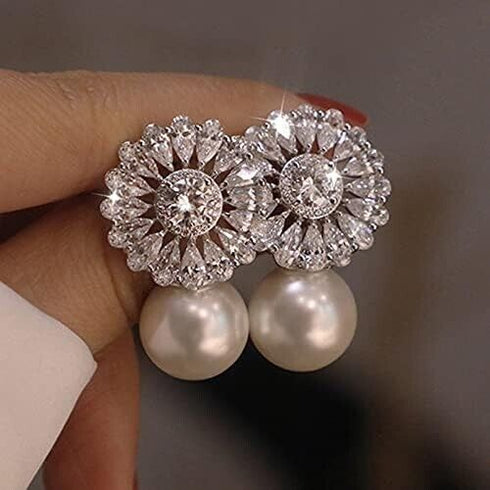 Stunning White Pearl Floral 18K White Gold-Plated Cubic Zirconia Bridal Earrings