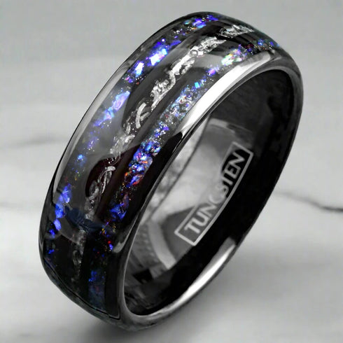 Men's 8mm Gunmetal Tungsten Nebula Meteorite Inspired Comfort-Fit Wedding Band