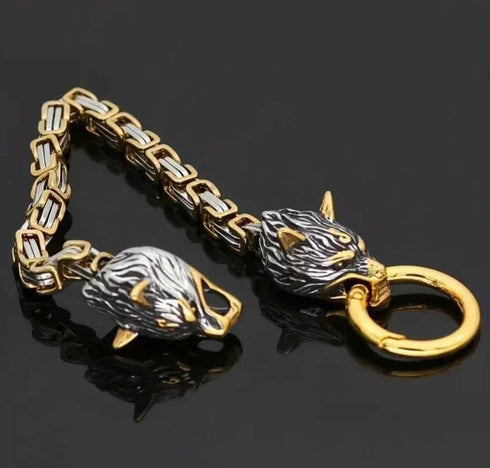 Titanium Norse Viking Twin Wolf W/Thor's Hammer 2-Tone Pendant Necklace