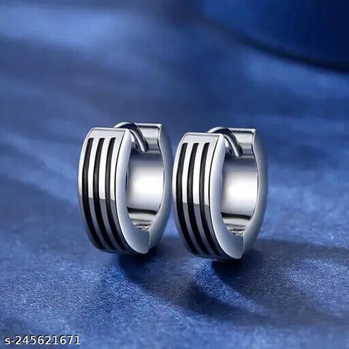 316L Surgical Steel Classic 3 Black Striped Enamel Men & Women Hoop Earrings