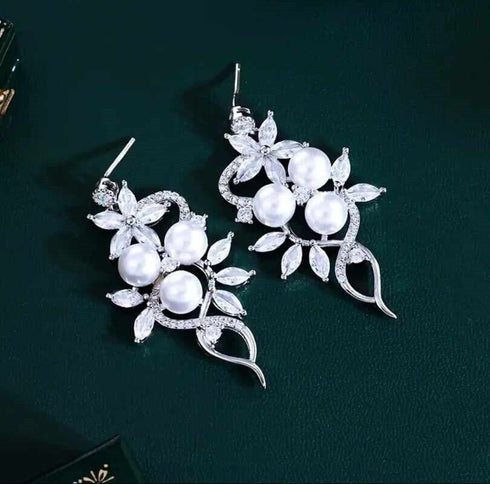Stunning White Pearl 14K White Gold Plated Cubic Zirconia Women Earrings