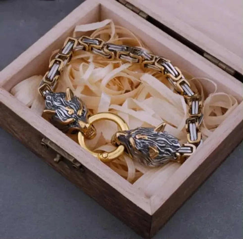 Titanium Norse Viking Twin Wolf W/Thor's Hammer 2-Tone Pendant Necklace