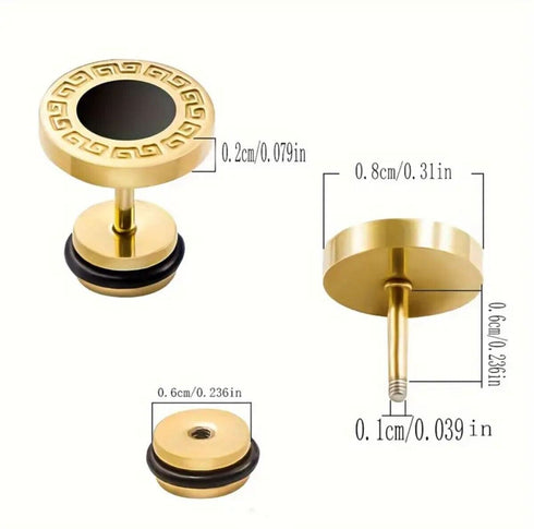 2Pairs 316L Surgical Steel Gold Silver Greek Key Pattern Men Women Stud Earrings