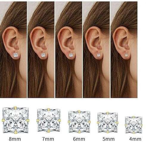 5Pair 316L Surgical Steel Gold Plated CZ 4/5/6/7/8mm Solitaire Men Women Earring