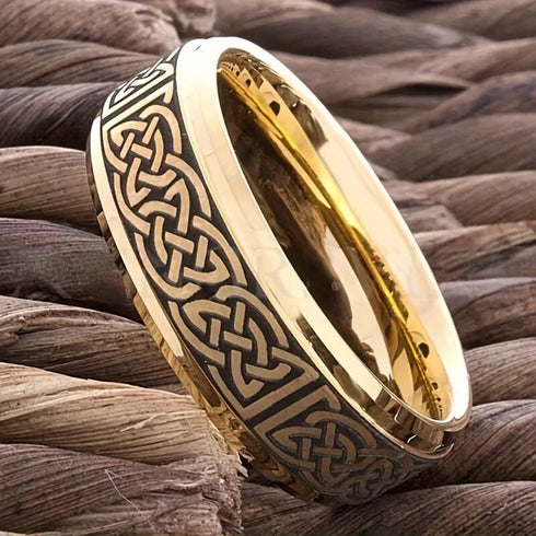 Men's 8mm Titanium Gold Black Celtic Knot Engraved Engagement Wedding Band