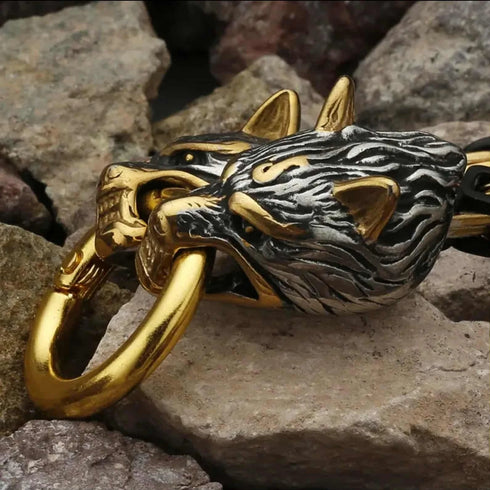 Titanium Norse Viking Twin Wolf W/Thor's Hammer 2-Tone Pendant Necklace