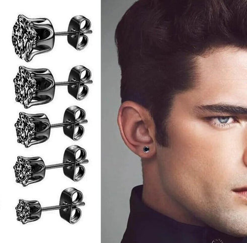 5Pairs 316L Surgical Steel Black CZ 4/5/6/7/8mm Solitaire Men Women Stud Earring